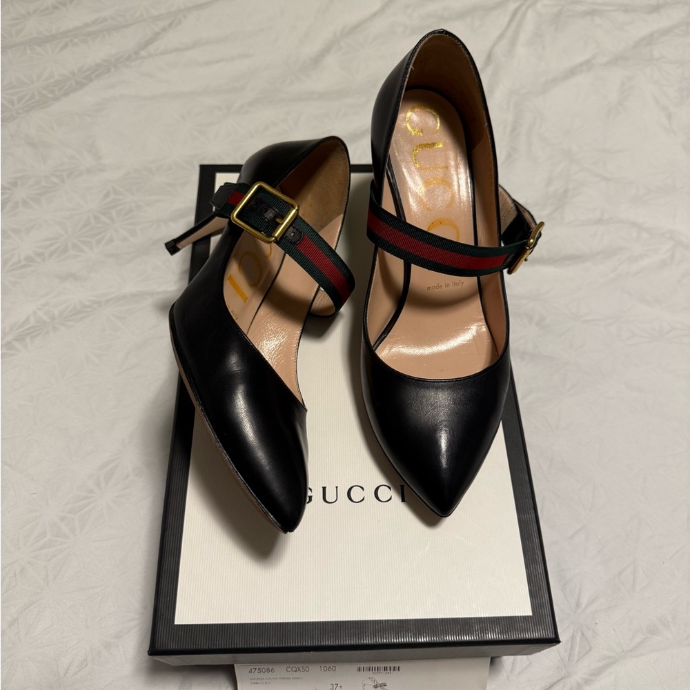 Gucci Black Mary Jane Heels with Gold Buckle